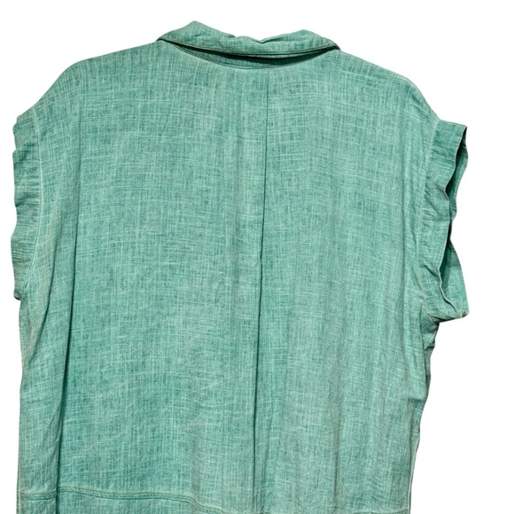 Umgee Linen Cotton Raw Fringe Hem Split Back Button Front Teal Lagenlook Blouse - Picture 8 of 11